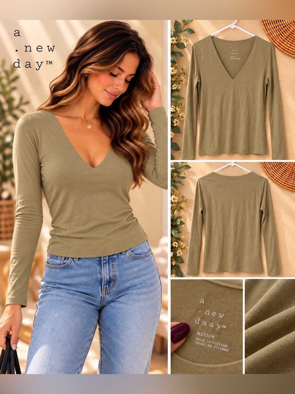a.new.day Long Sleeve V-Neck Top in Green Size Medium NWT